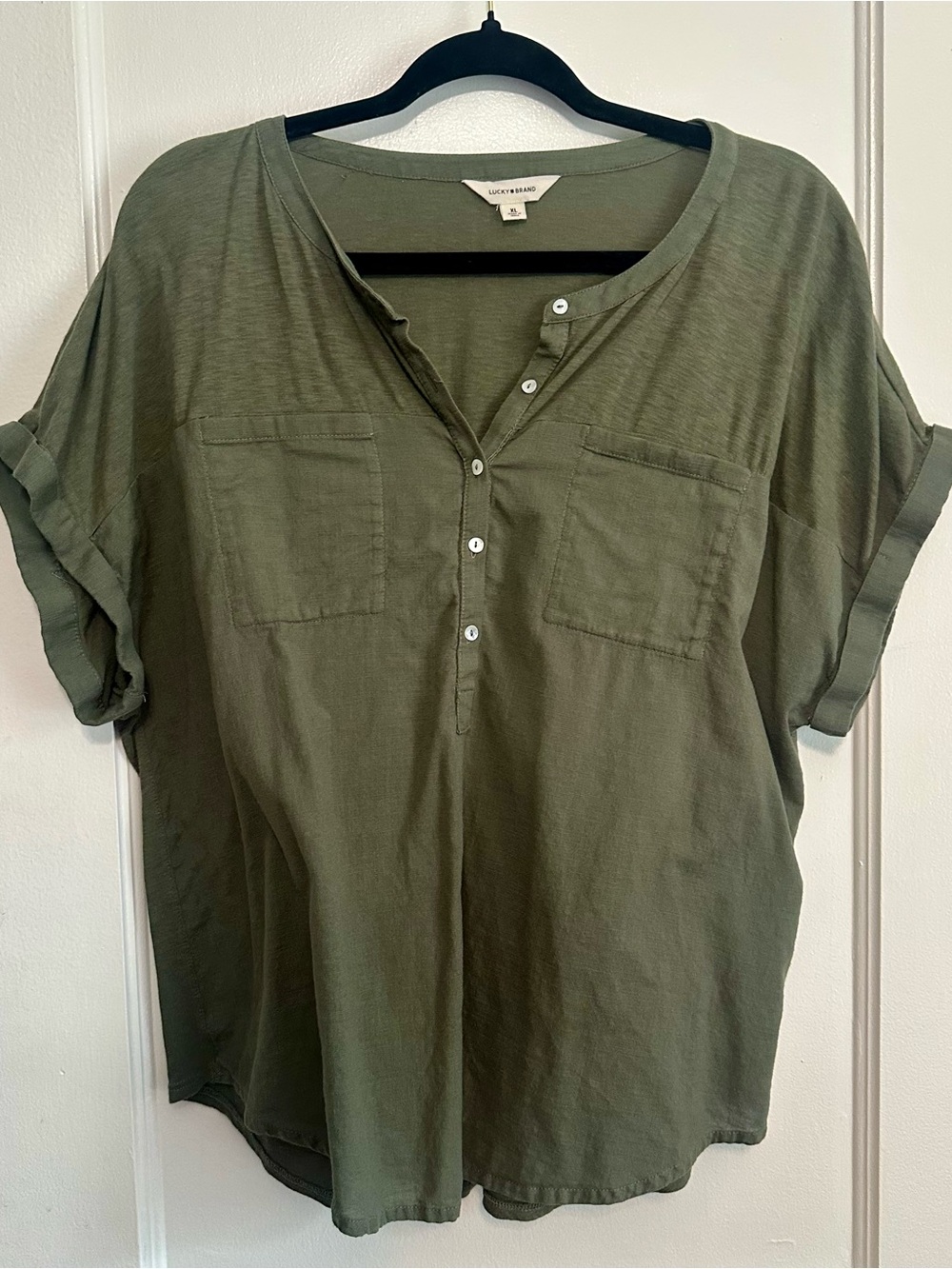 Lucky Brand Olive Short-Sleeve Henley Tunic with Chest Pockets (XL)